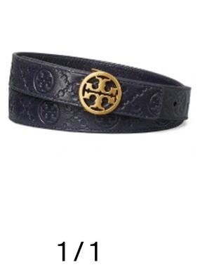 Tory Burch Navy Embossed Leather Double-Wrap Belt with Gold Logo